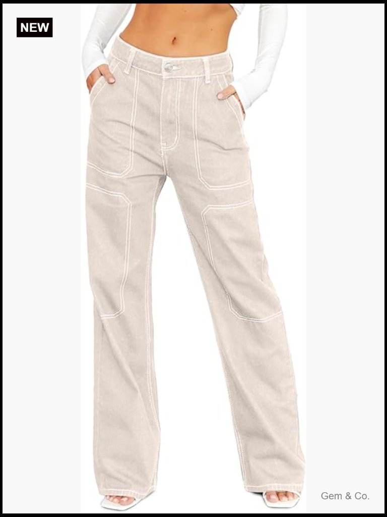 Women's Casual Mid Waist Cargo Jeans Wide Leg Stretch Denim Pants